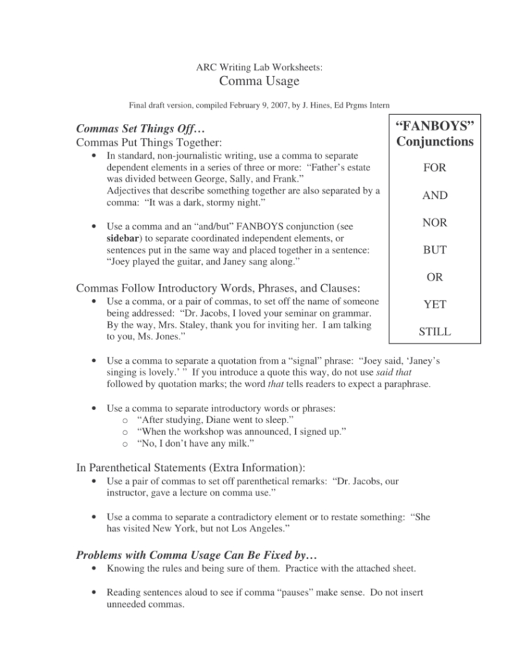 Comma Usage Worksheet