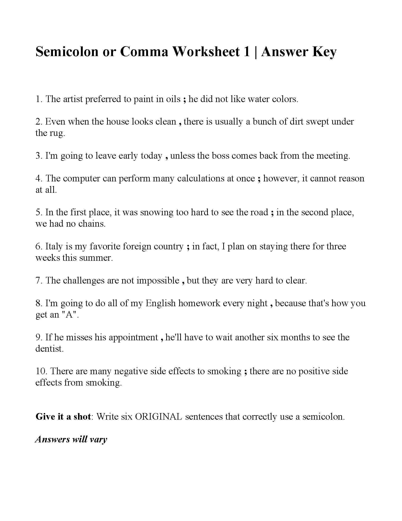Commas And Semicolons Worksheet With Answers Pdf