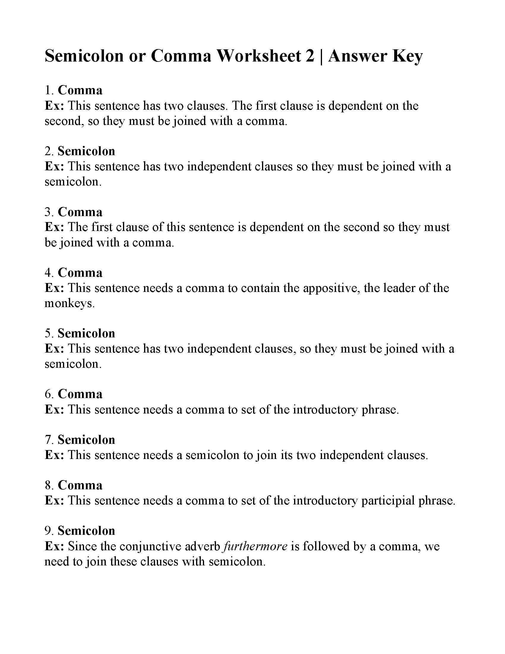 Commas Or Semicolons Worksheet 2  Answers