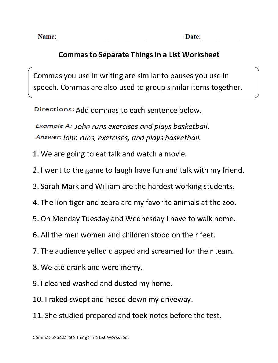 Commas Worksheets  Commas Separate Things In List Worksheet