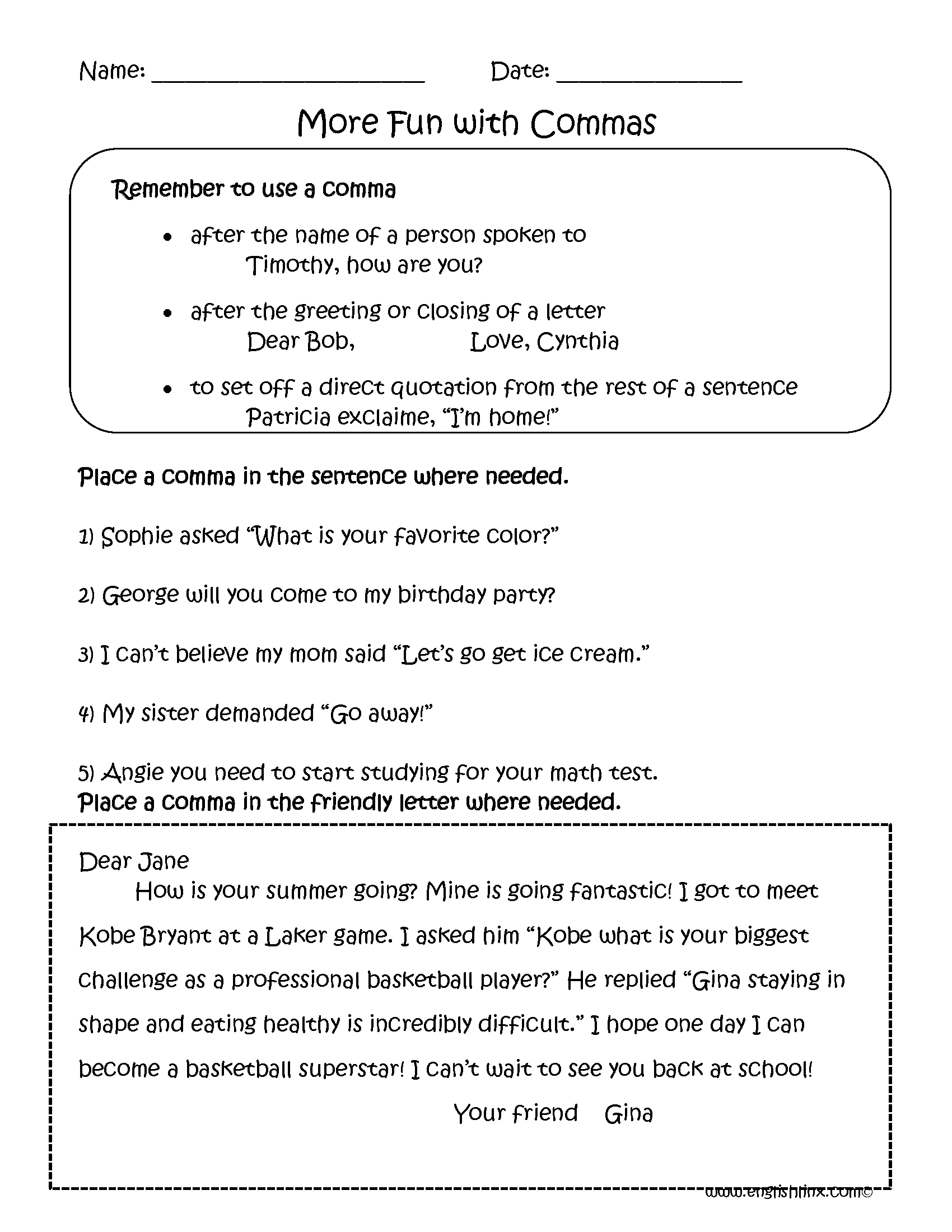 Add Commas To Sentences Worksheet