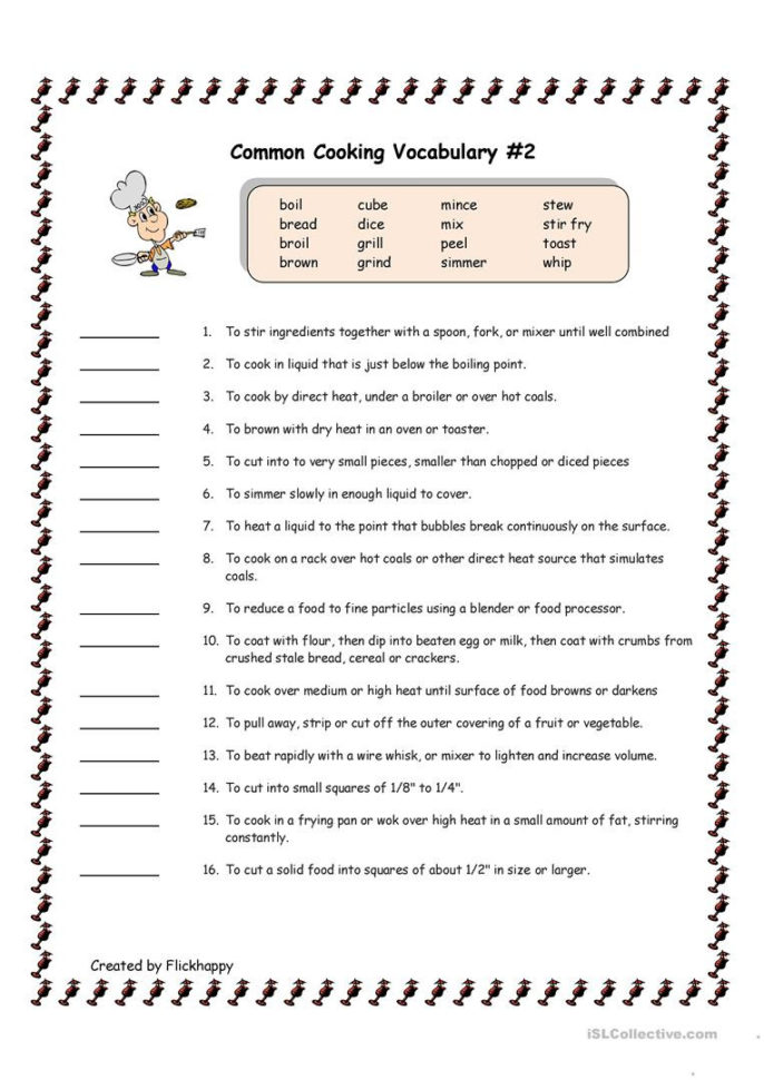 Common Cooking Vocabulary 2  English Esl Worksheets