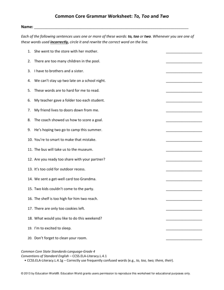 Common Core To Too Two Worksheet