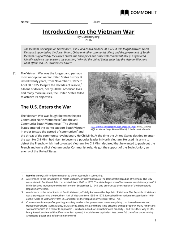 Commonlit  Introduction To The Vietnam R