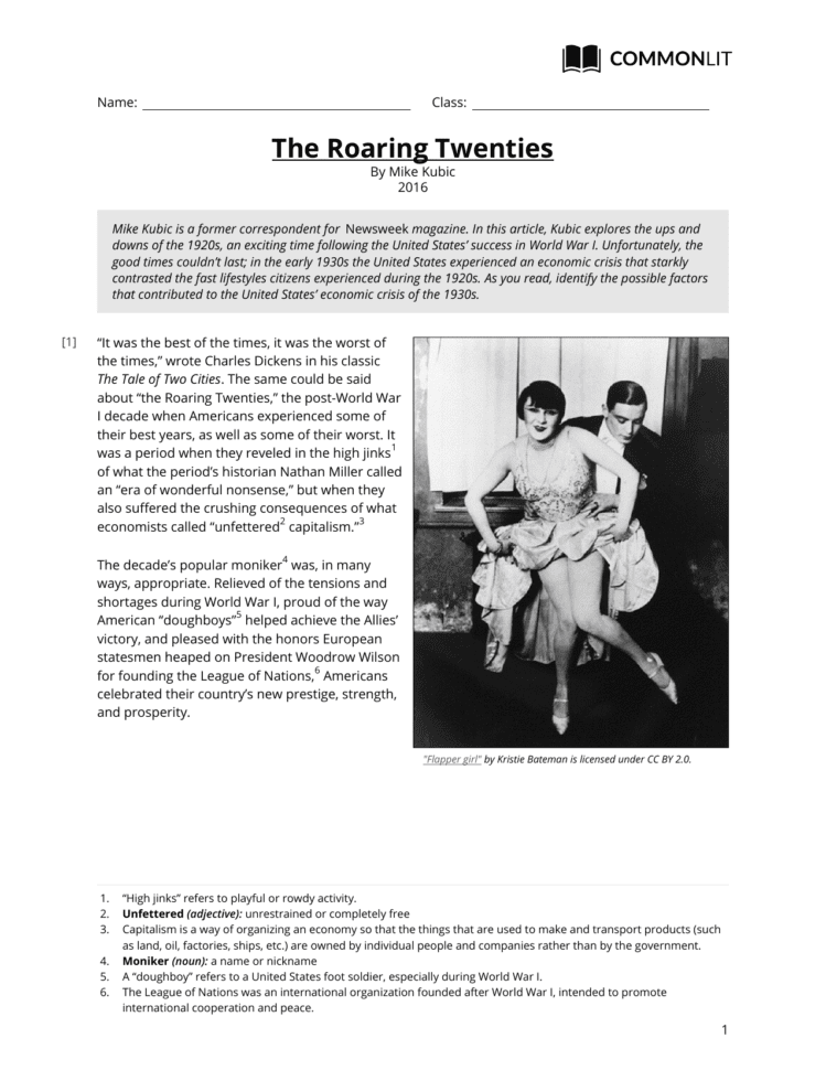 Commonlit  The Roaring Twenties