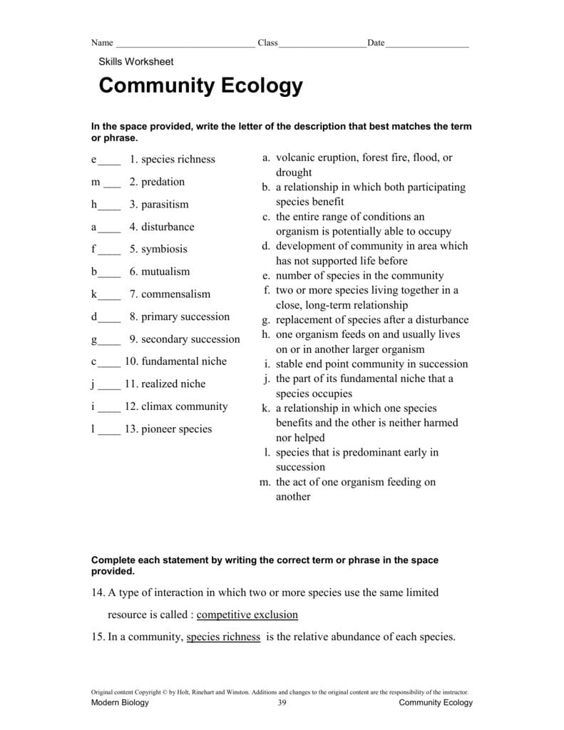 Community Ecology Skills Vocab Review Key