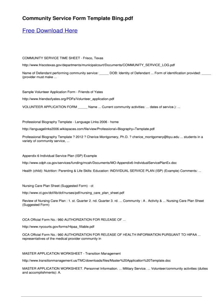 Community Service Form  Bing Fill Online Printable