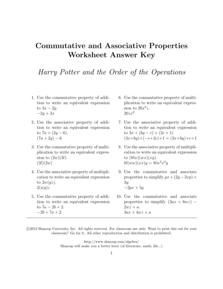 Commutative And Associative Properties Worksheet