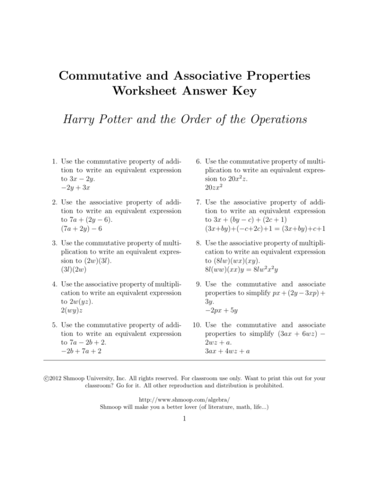 Commutative And Associative Properties Worksheet