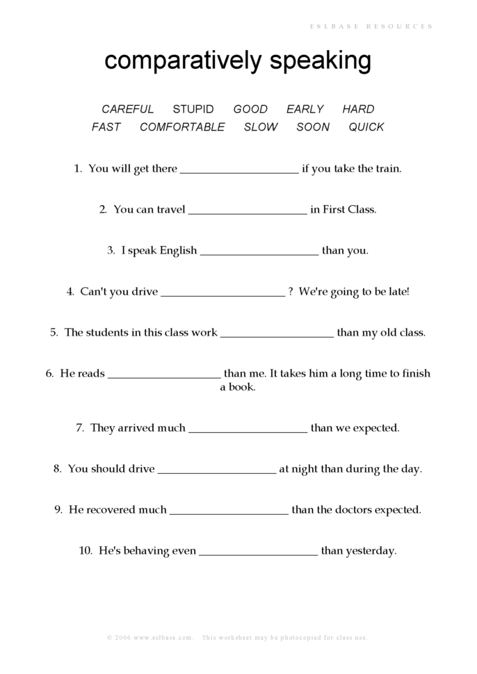 Comparative Adverbs Worksheet  Eslbase