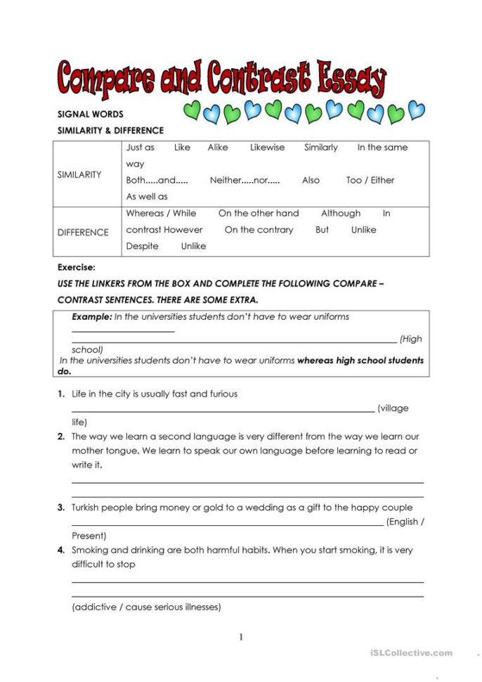 Compare And Contrast Essay Intro  English Esl Worksheets