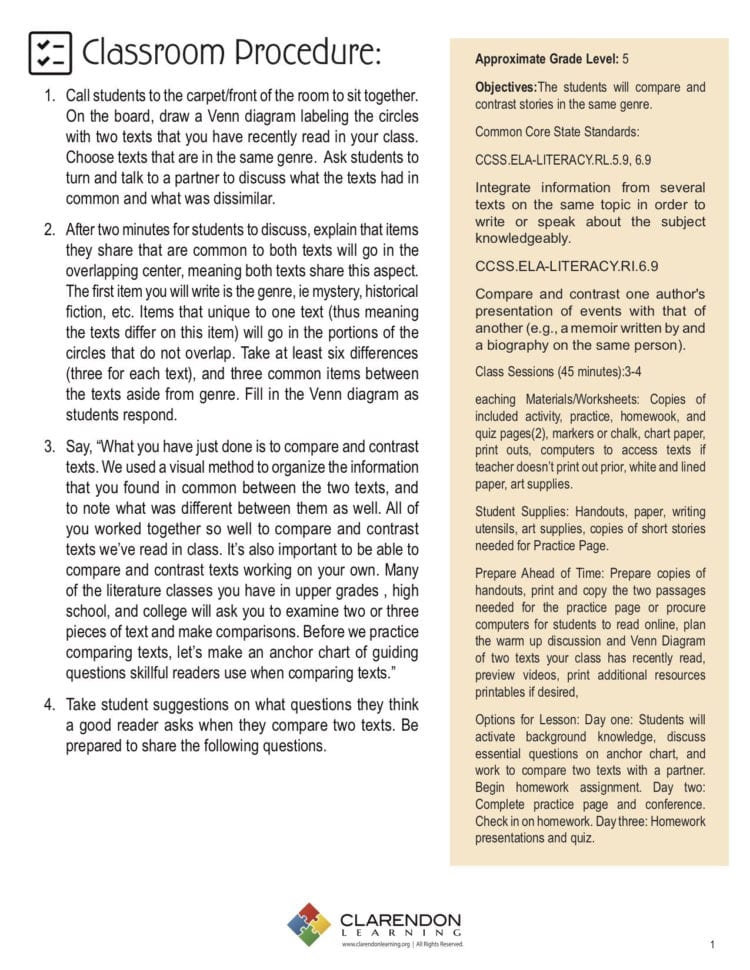 Compare And Contrast Stories  Same Genre Lesson Plan