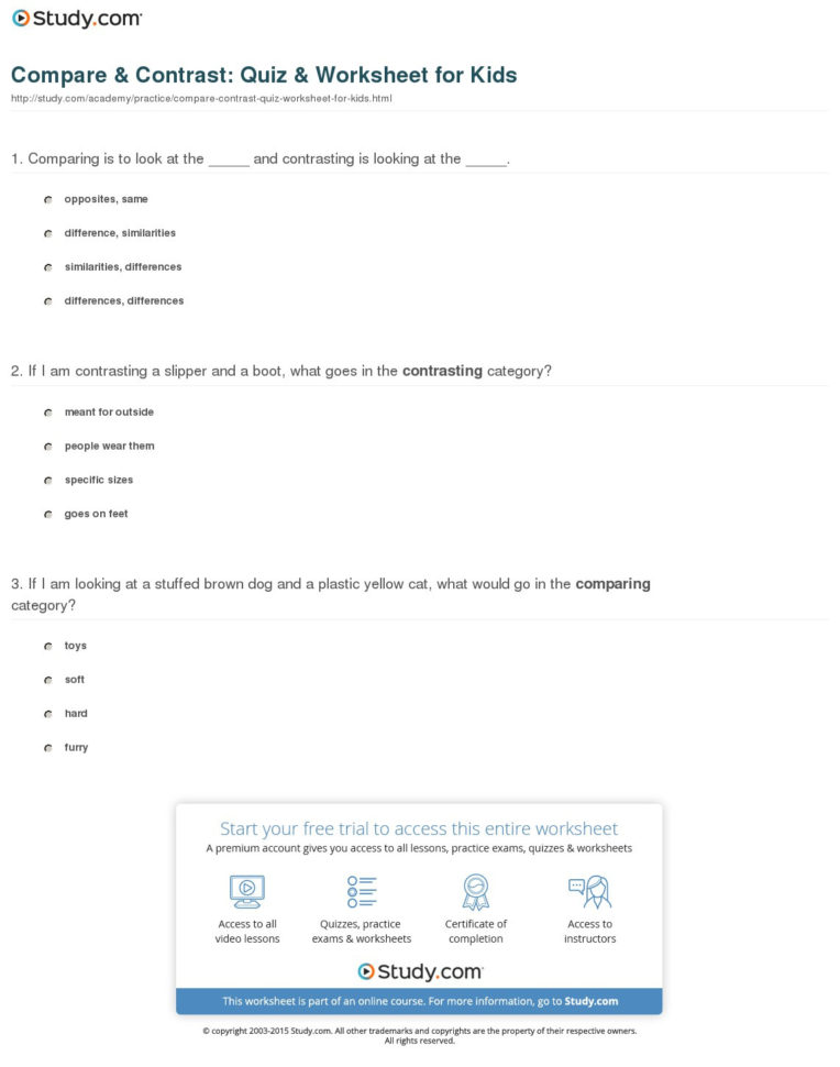 Compare  Contrast Quiz  Worksheet For Kids  Study