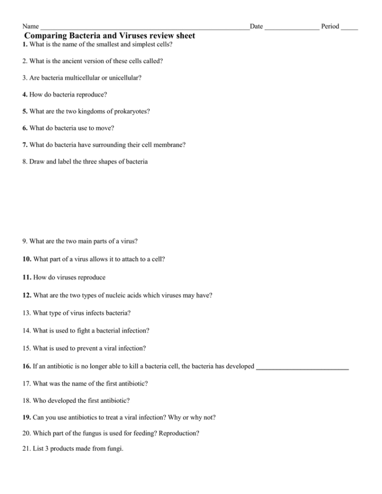 Comparing Bacteria And Viruses Review Sheet