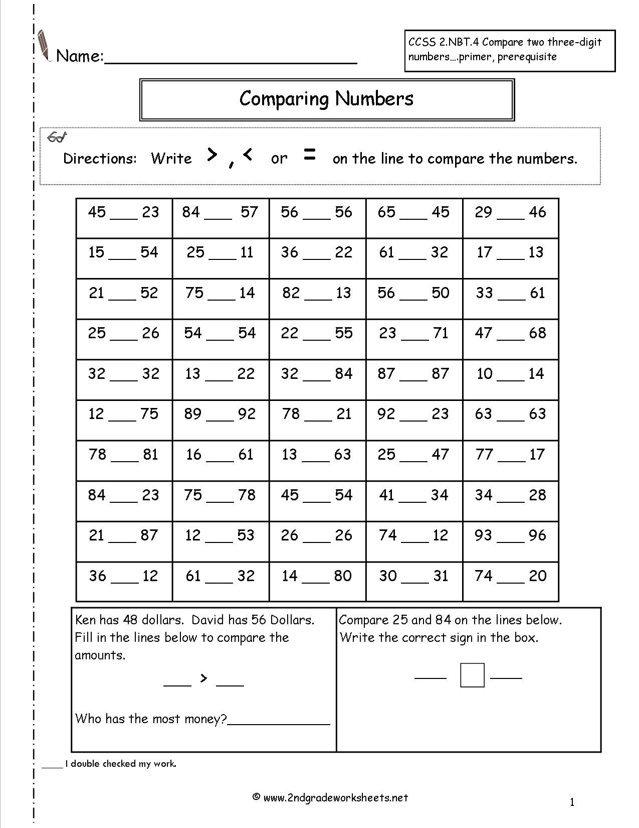 Comparing Numbers Fourth Grade Worksheets