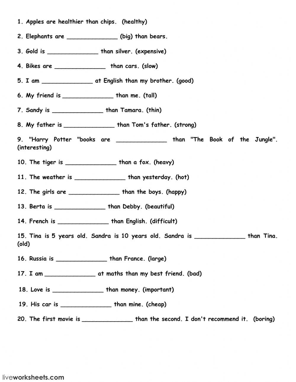 Comparison Of Adjectives  Interactive Worksheet
