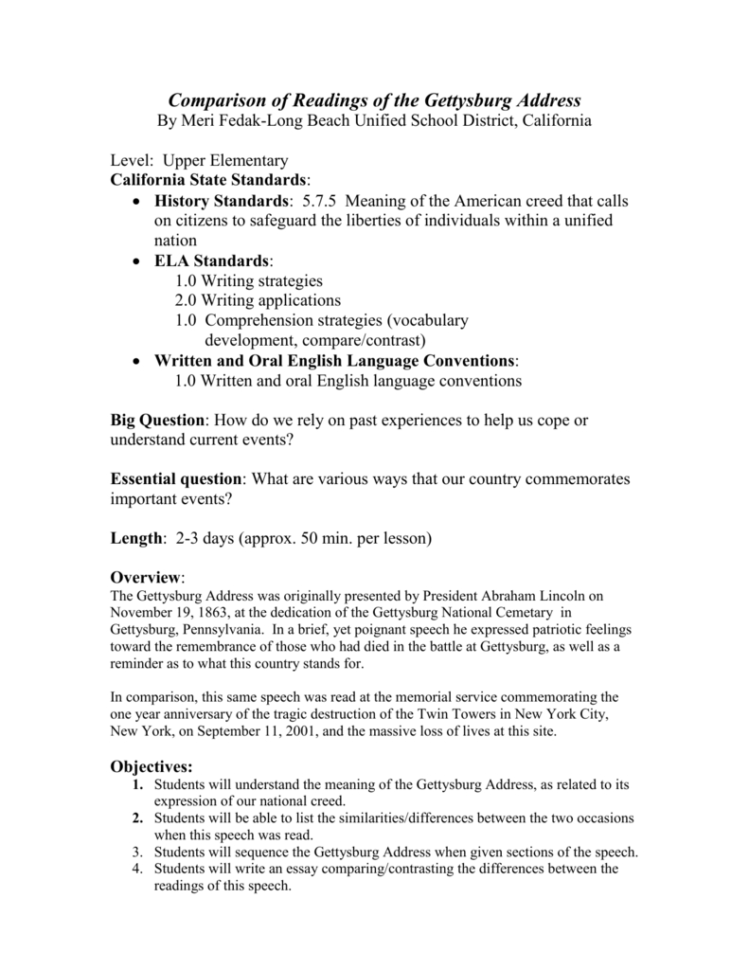 Comparison Of Readings Of The Gettysburg Address