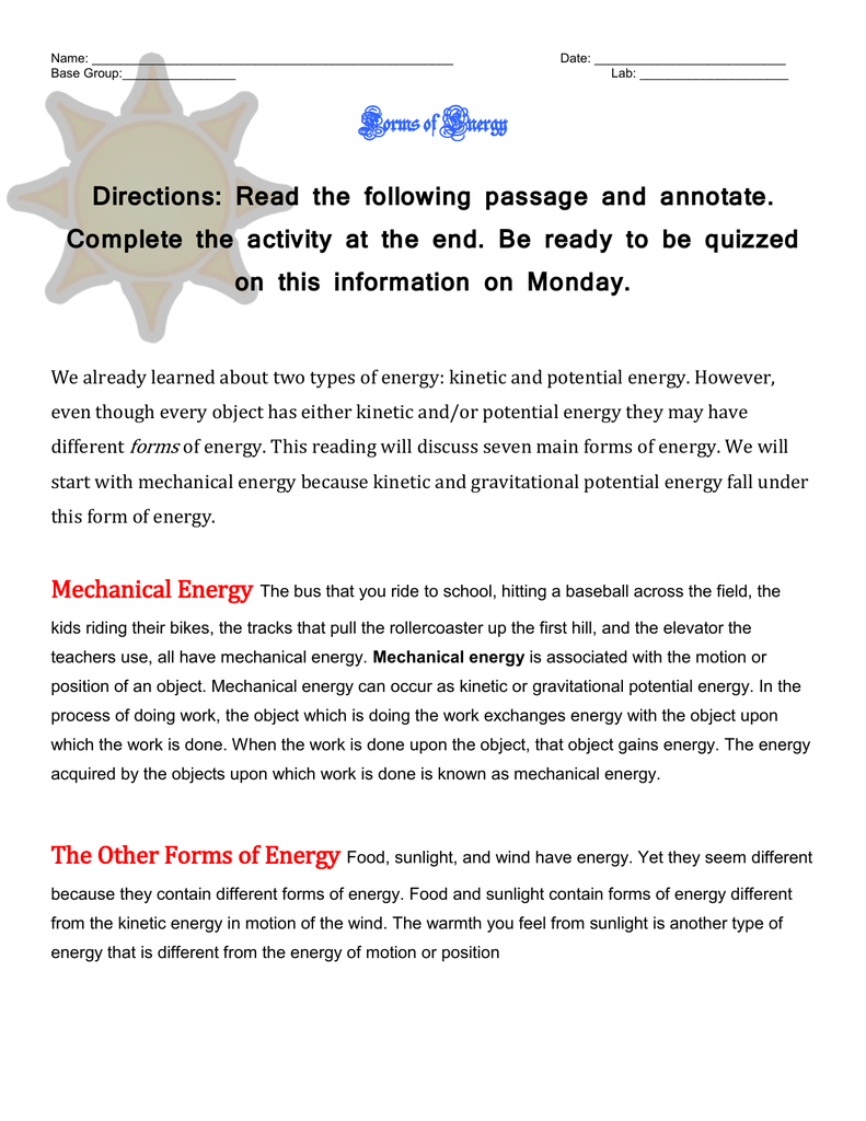 Complete Forms Of Energy Reading And Worksheets