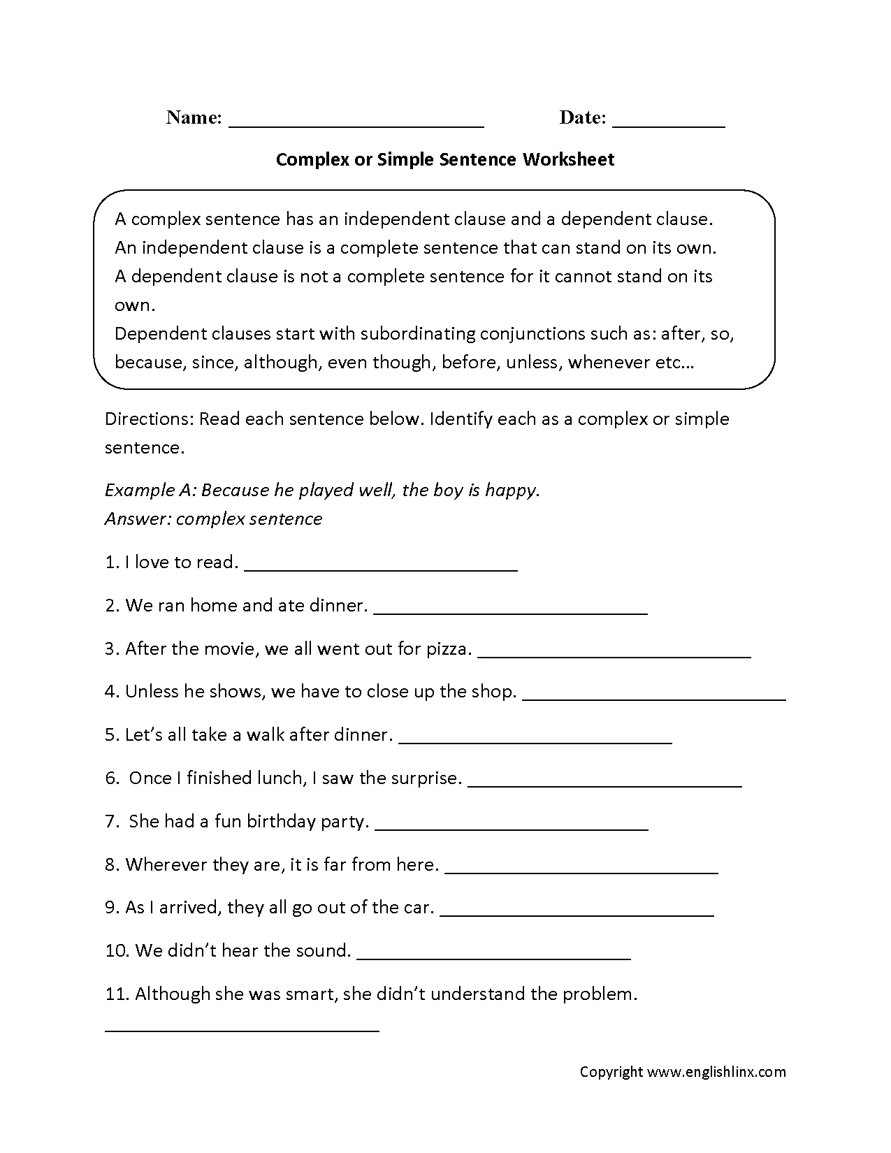 Complex Sentences Worksheets  Complex Or Simple Sentences