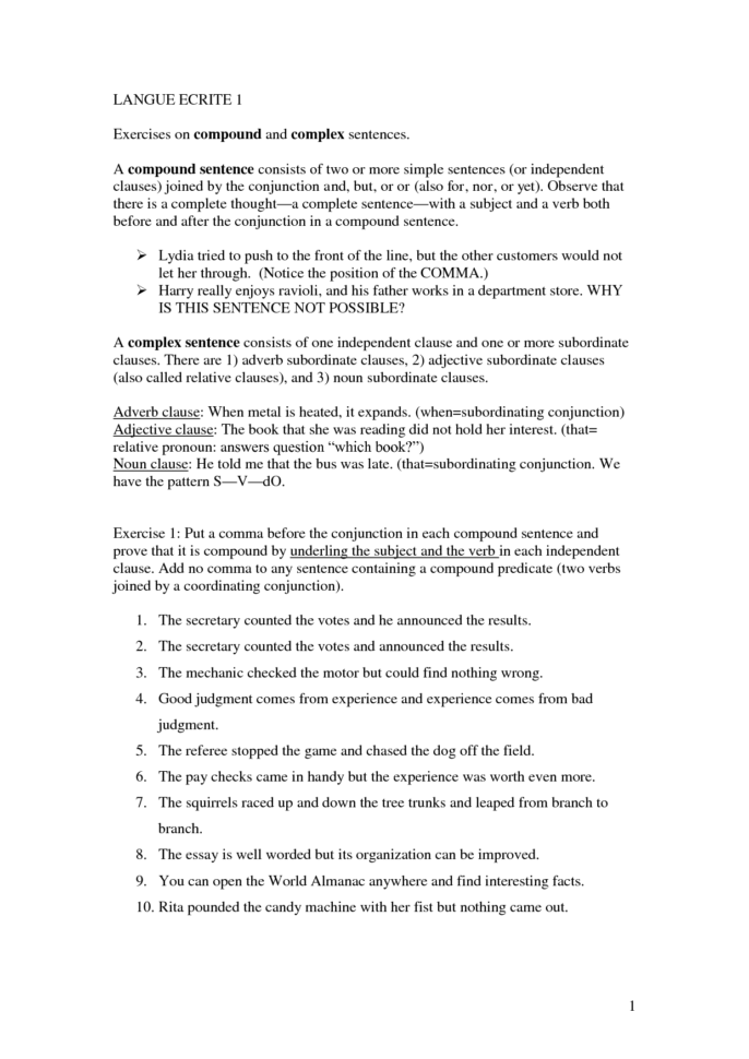 Compound Complex Sentences Worksheet  Cinemas 93