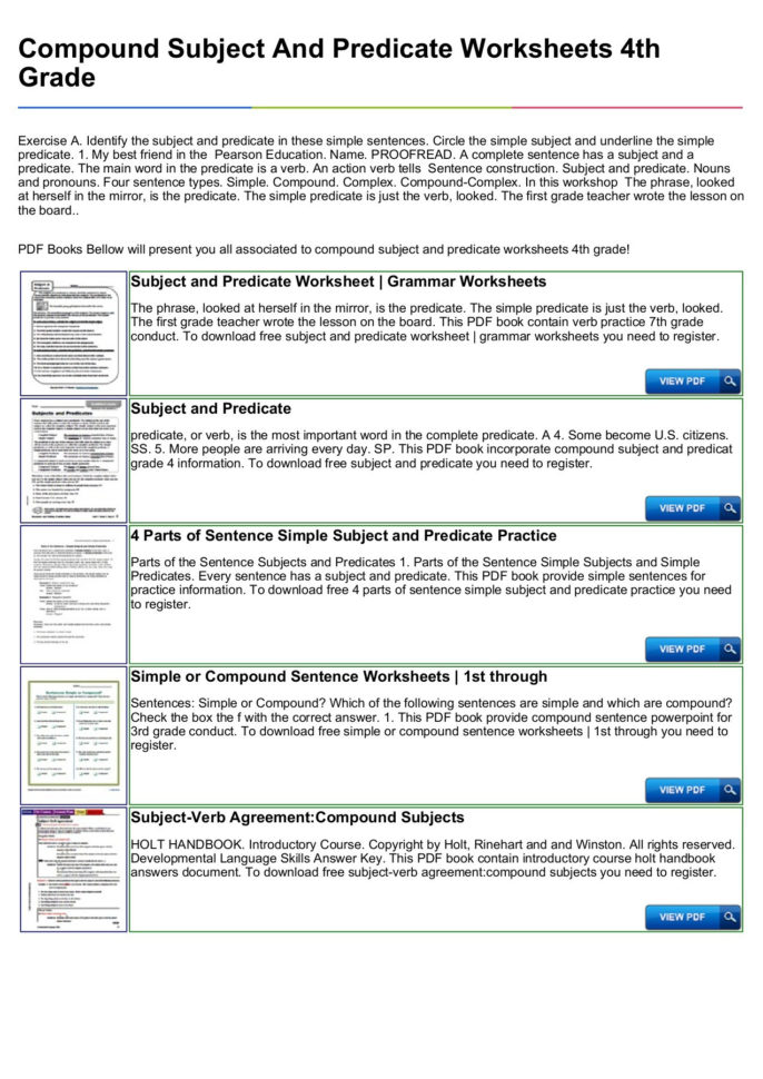Compound Subject And Predicate Worksheets 4Th Grade Pages 1