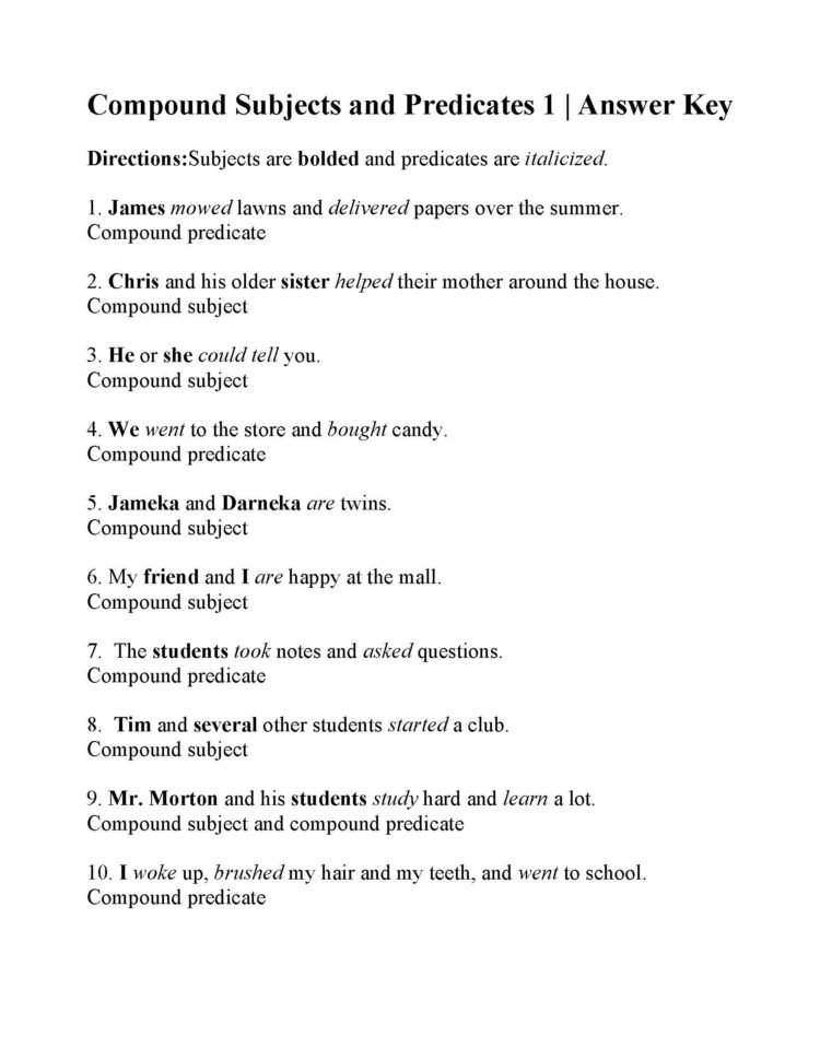 Compound Subjects And Predicates Worksheet  Answers