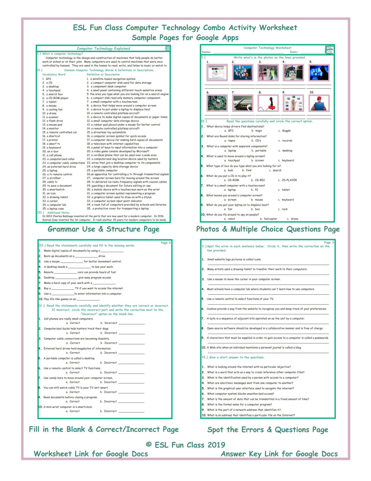 Computer Technology Interactive Worksheets For Google Apps