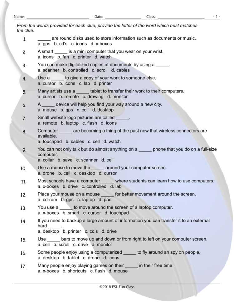 Computer Technology Multiple Choice Worksheet
