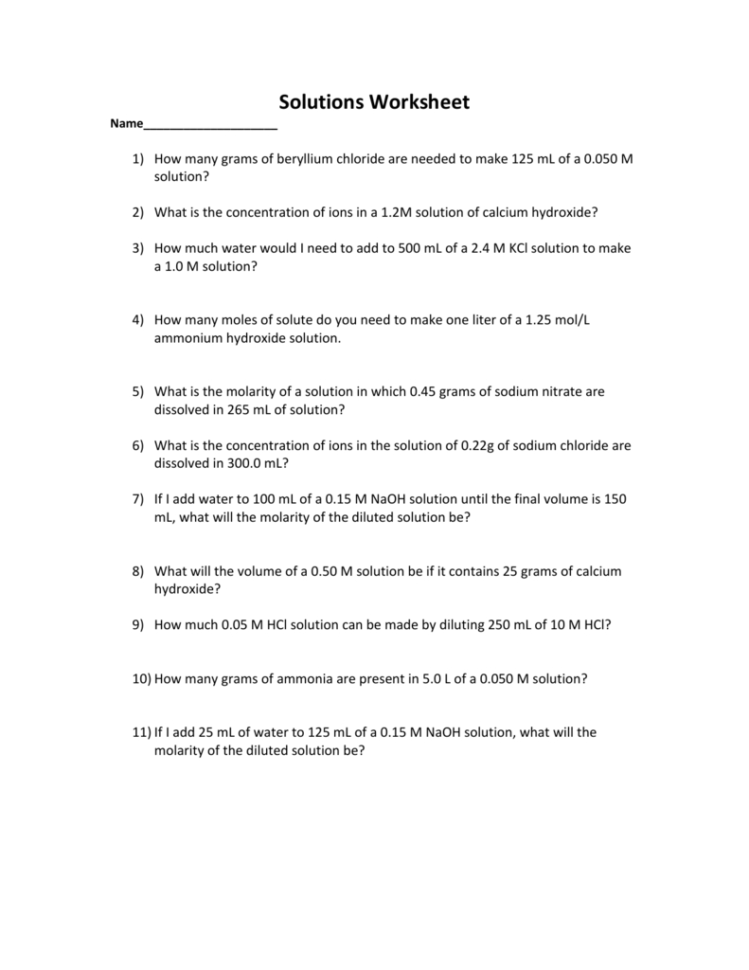 Concentration  Dilution Worksheet