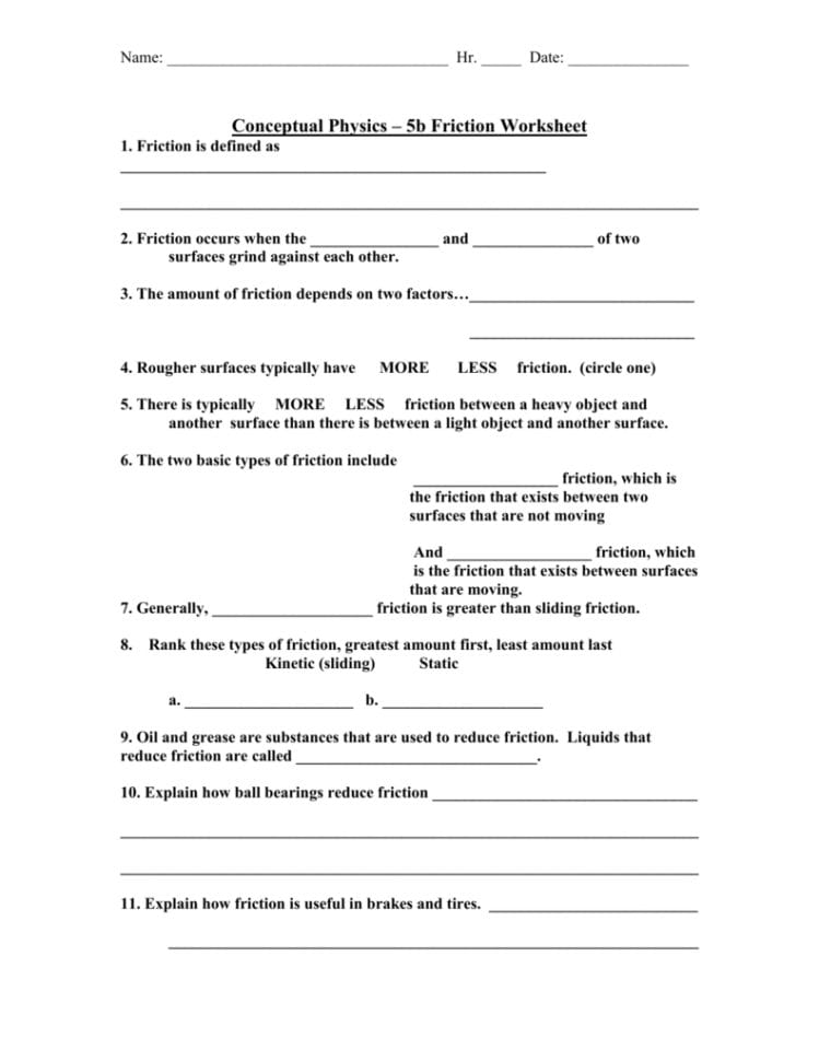Conceptual Physics – Friction Worksheet