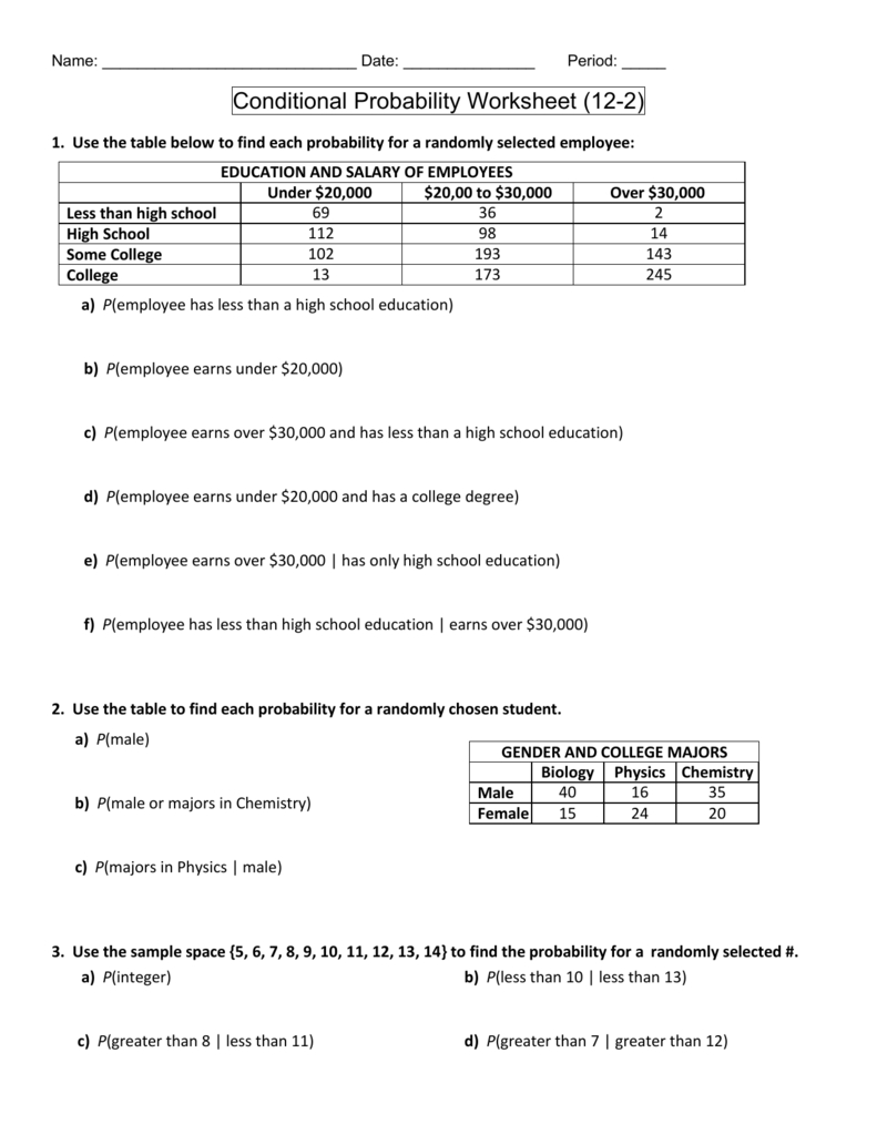 Conditional Probability Worksheet 122