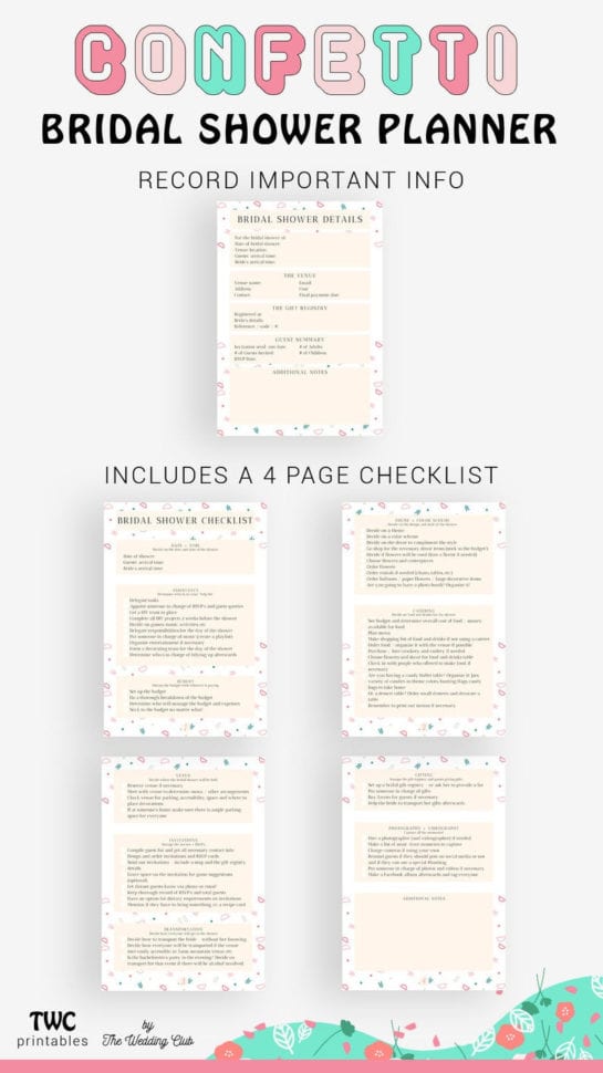 Confetti Bridal Shower Planner  Printable Bridal Shower Sheets For Your  Binder