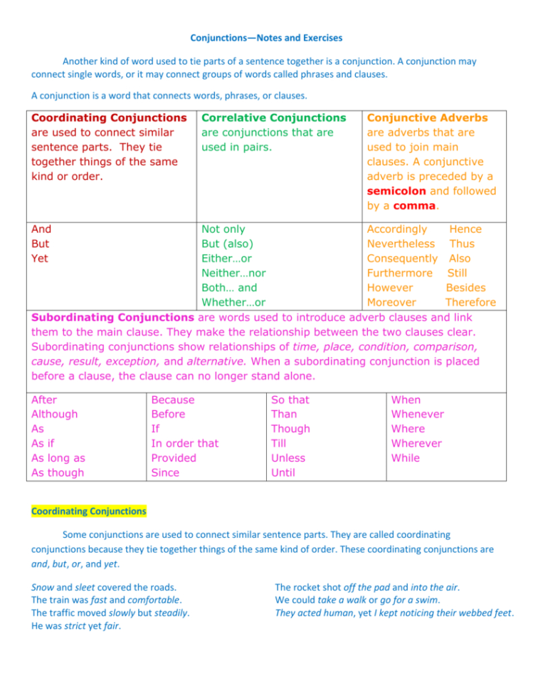 Conjunctions—Notes And Exercises Another Kind Of Word Used