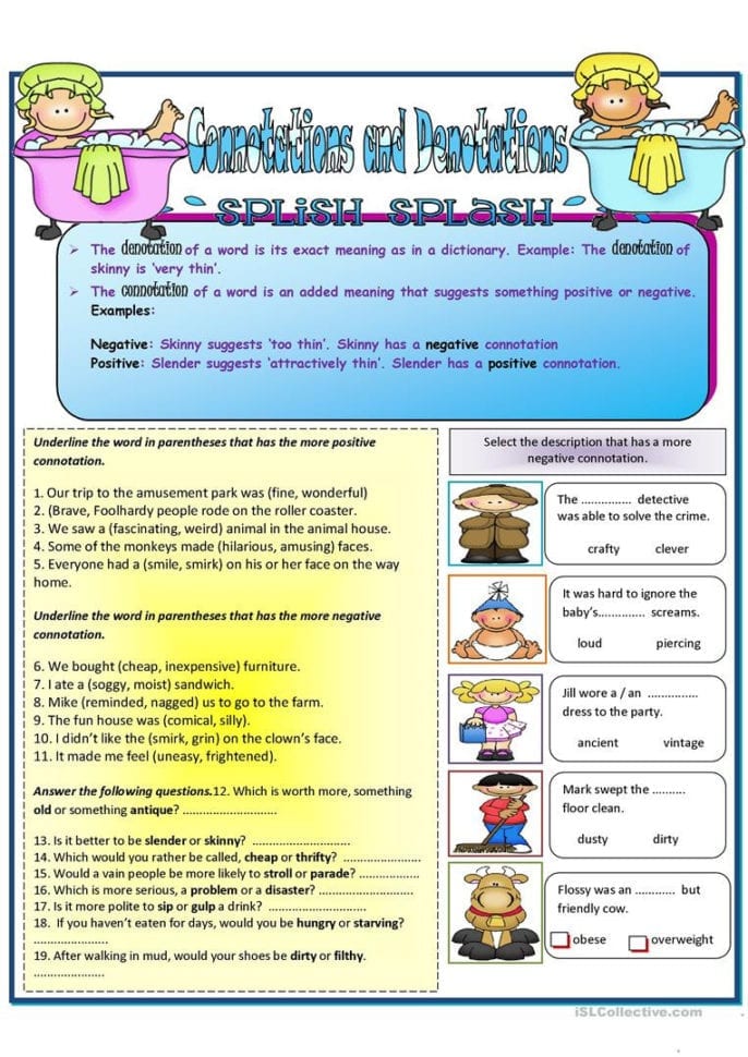Connotations And Denotation  English Esl Worksheets