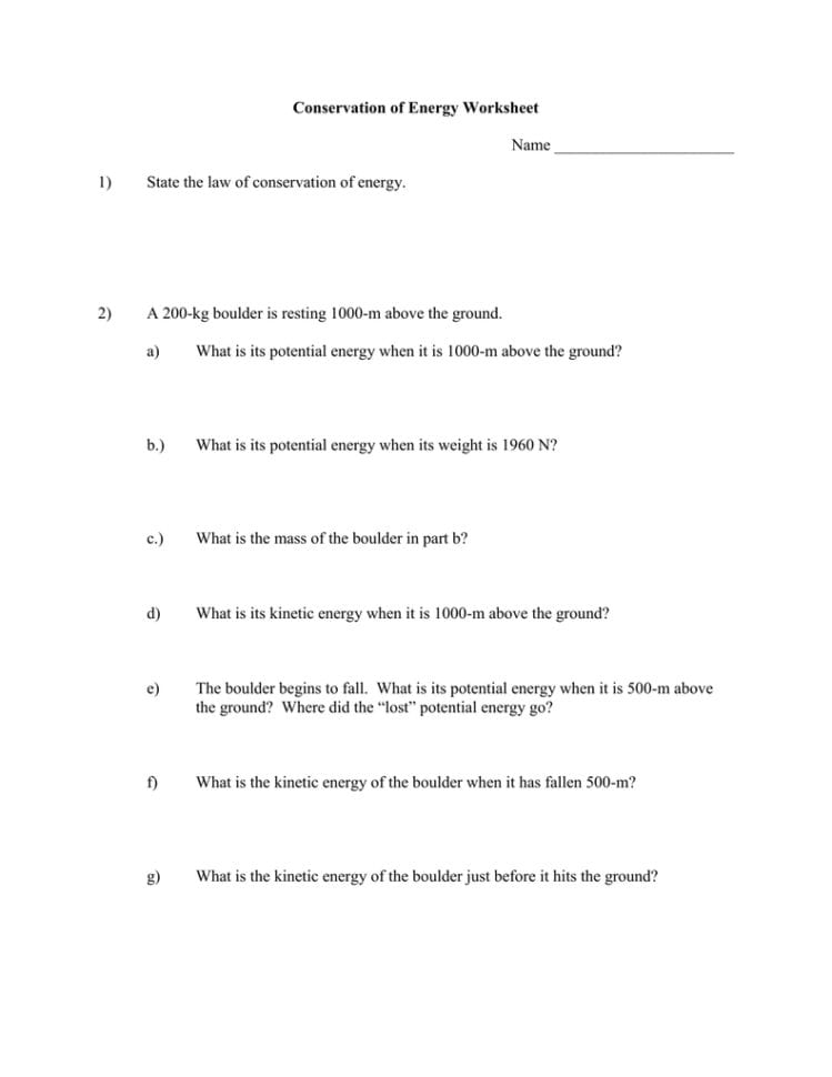 Conservation Of Energy Worksheet