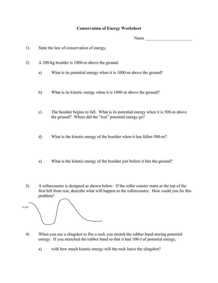 Conservation Of Energy Worksheet Name 1