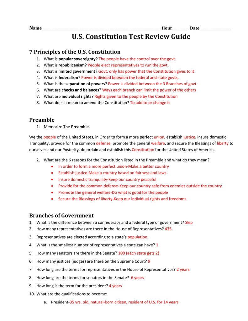 Constitution Test Review Guide Answer Key