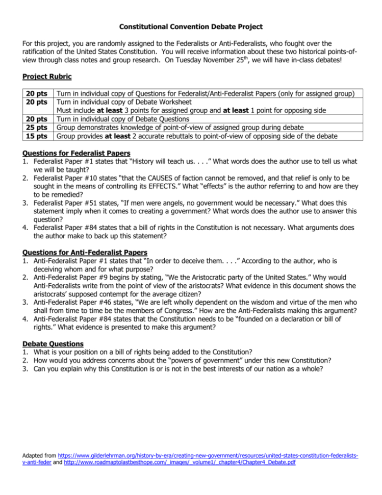 Constitutional Convention Debate Project For This Project