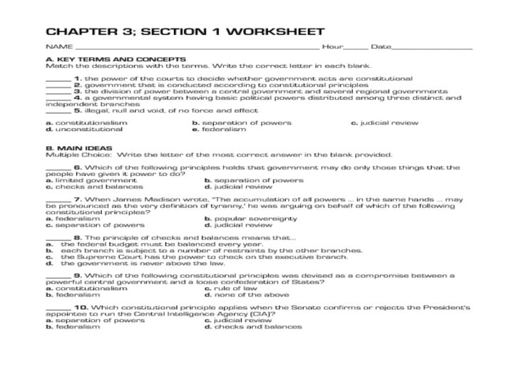 Constitution Worksheet Answers