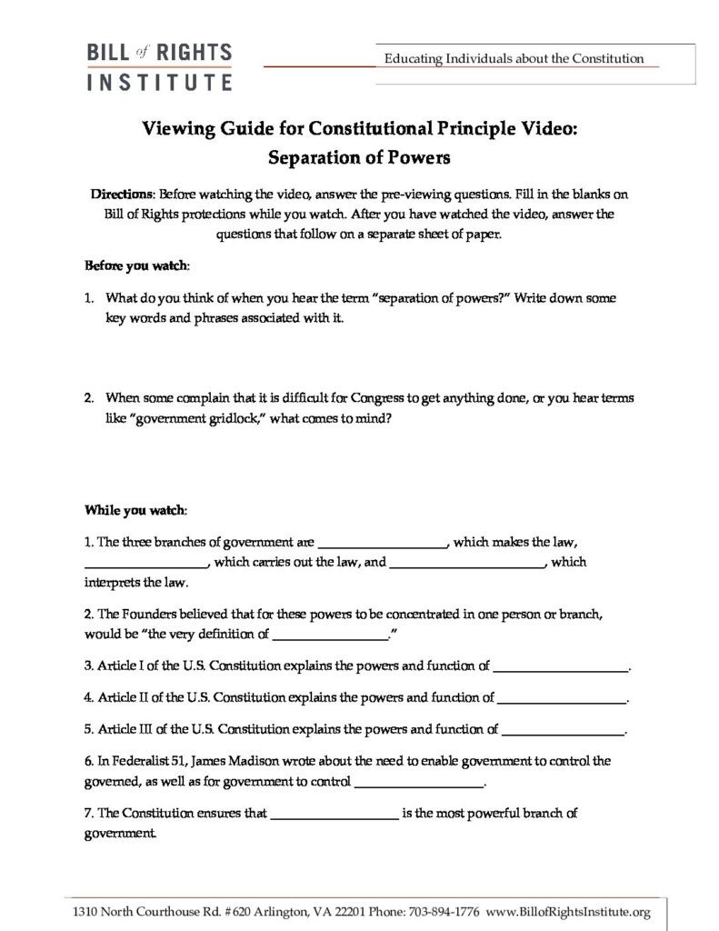 Constitutional Videos  Separation Viewing Guide  Bill Of