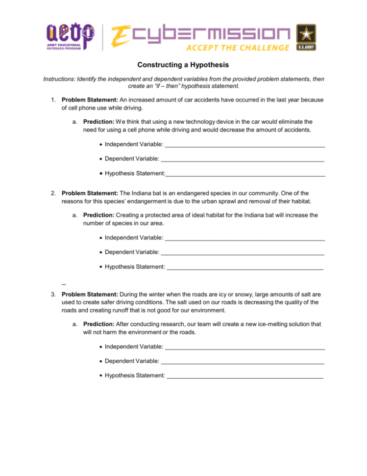 Constructing A Hypothesis Worksheet
