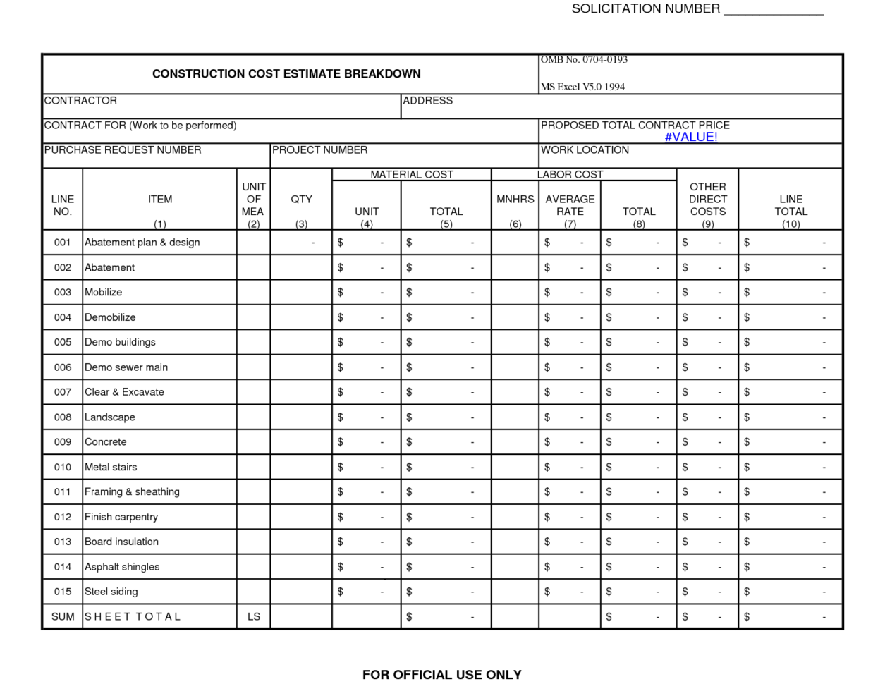 Construction Takeoff Sheets Construction Cost Estimate Db Excel Com