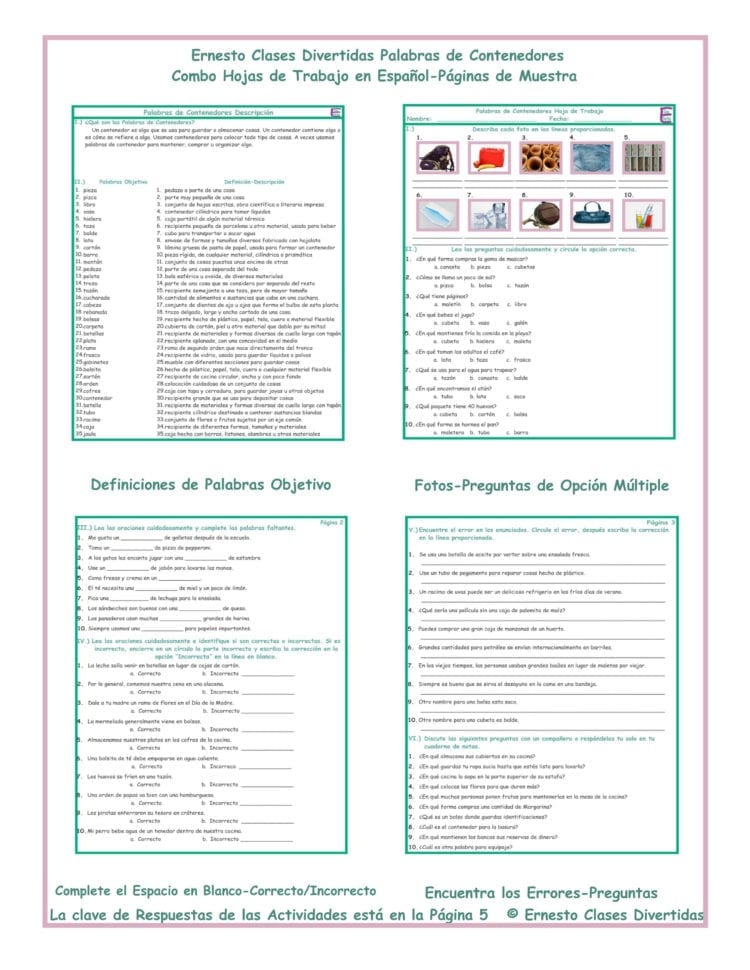 Container Words Combo Activities Spanish Worksheets
