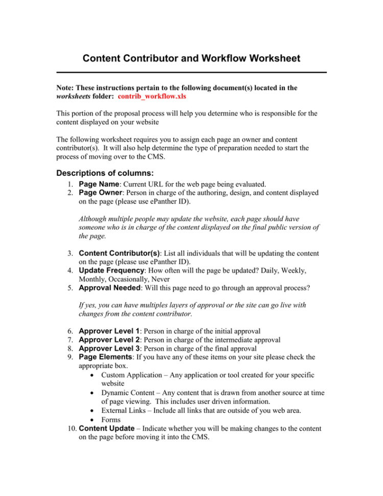 Content Contributor And Workflow Worksheet