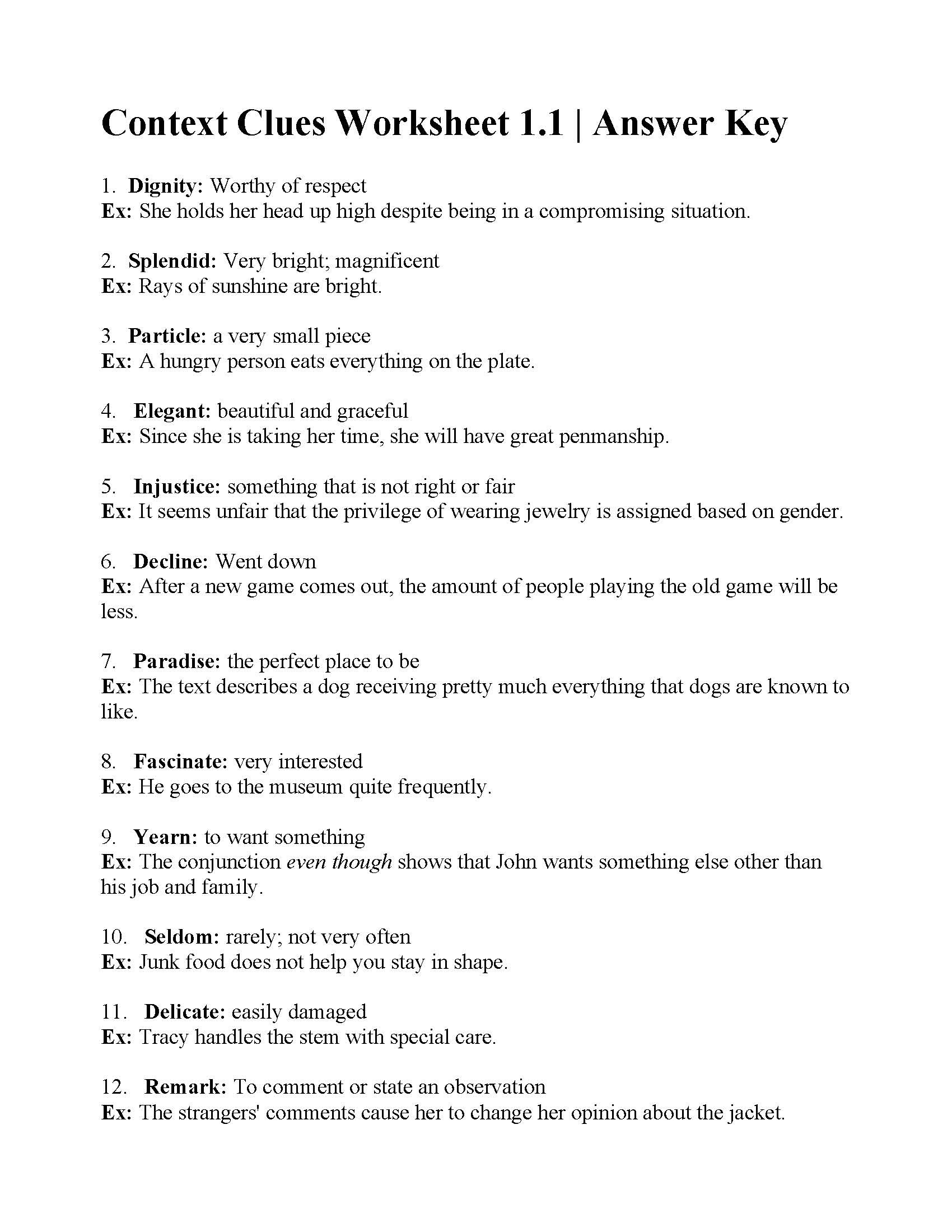 Context Clues Worksheet 11  Answers