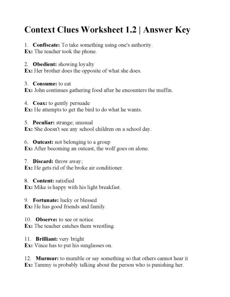 Context Clues Worksheet 12  Answers
