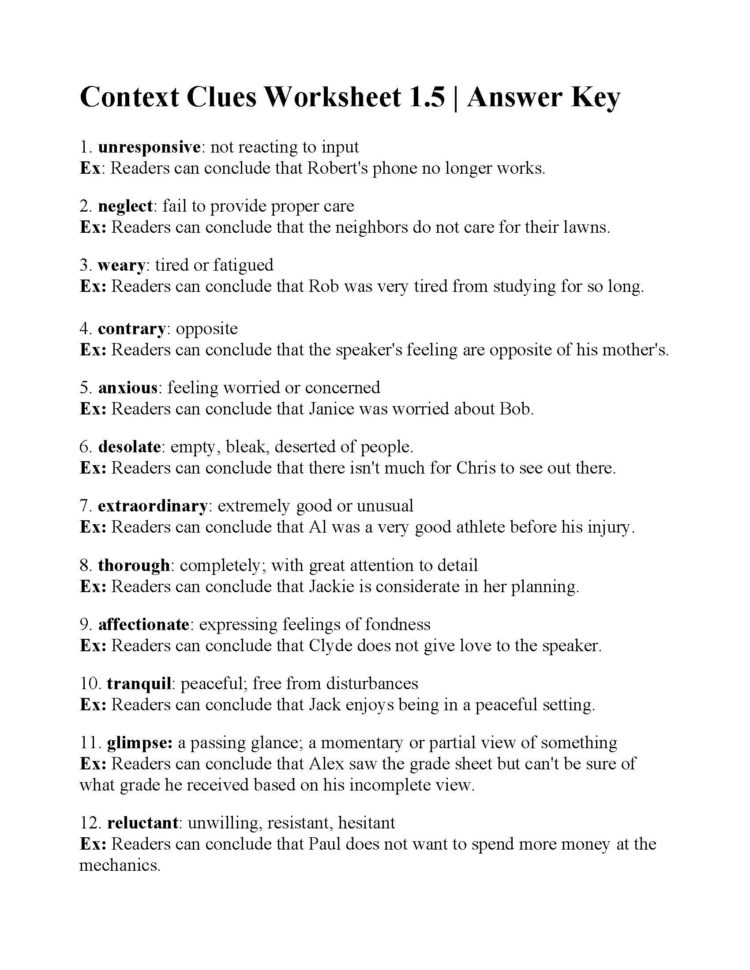 Context Clues Worksheet 15  Answers