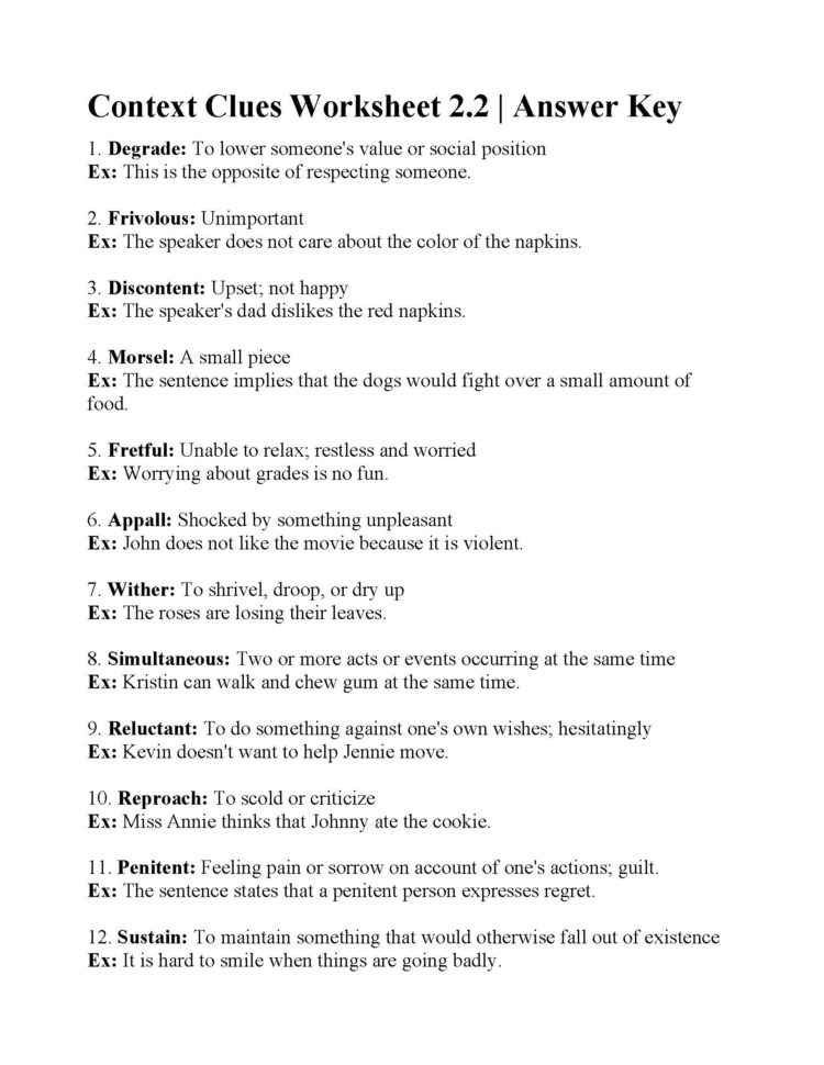 Context Clues Worksheet 22  Answers
