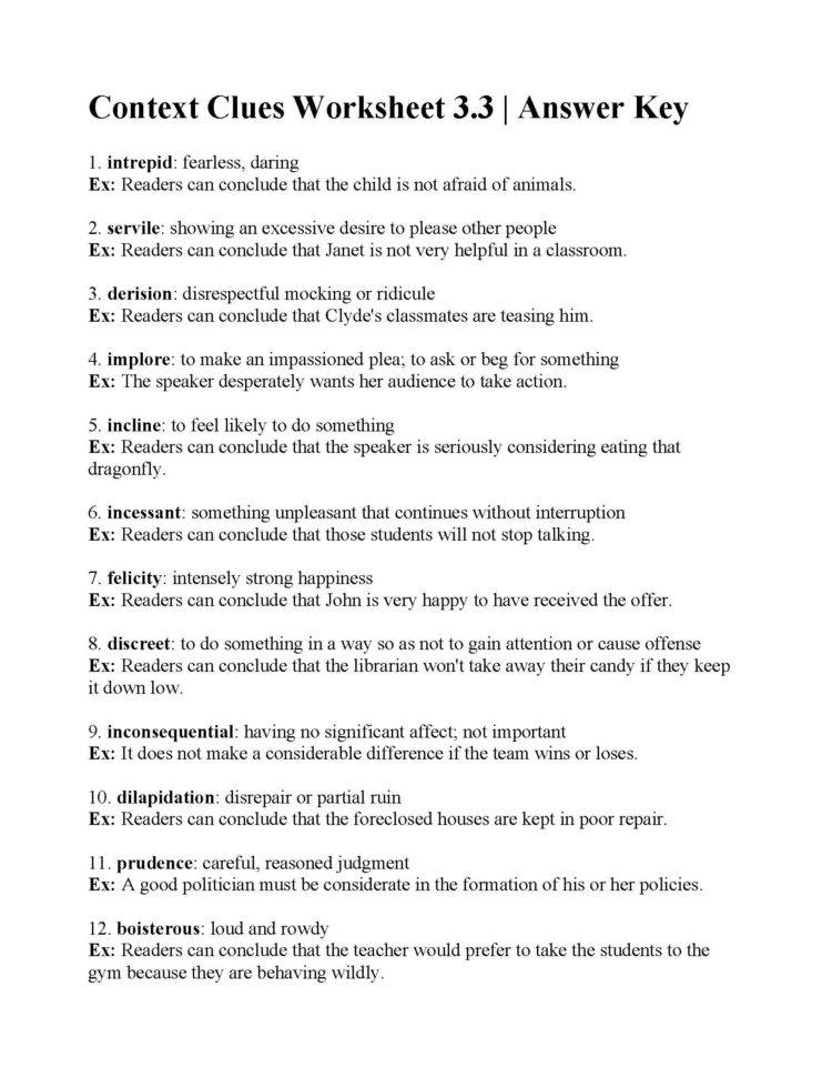 Context Clues Worksheet 33  Answers