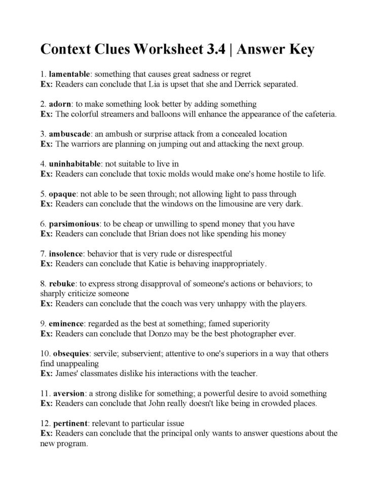 Context Clues Worksheet 34  Answers
